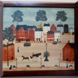 A02. Folk art street scene by Hope Angier. Oil on canvas board. 34” x 39” - $350